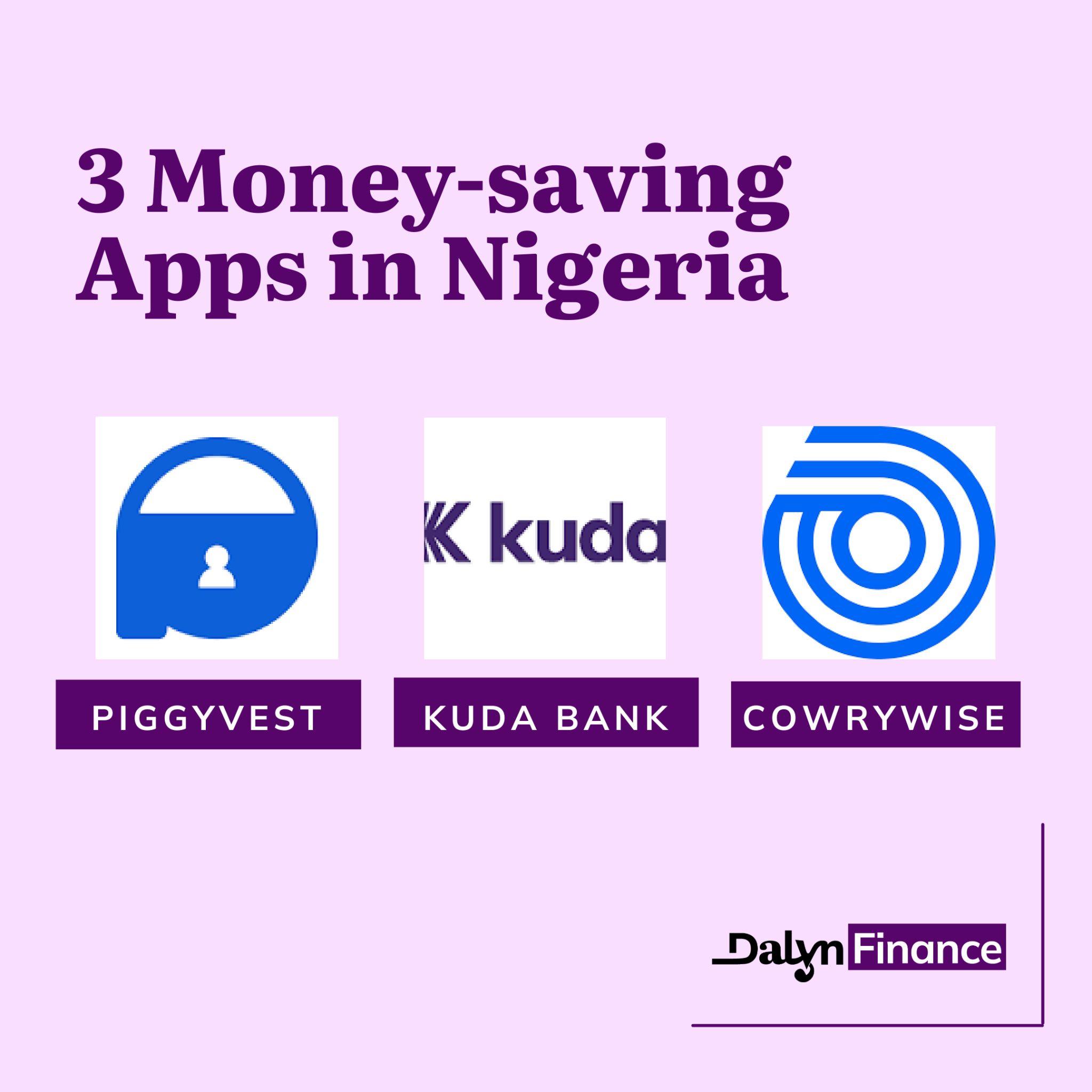 Infographic showing 3 money saving apps in Nigeria with their corresponding logos